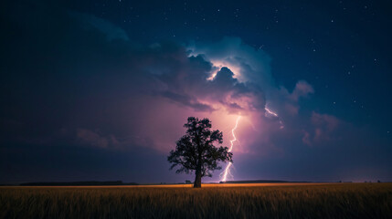 Fototapeta na wymiar A lightning bolt striking a lone tree in an open field a moment of raw power and energy in a tranquil setting.