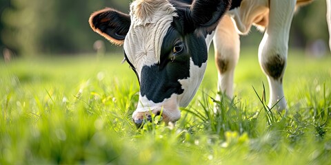 closeup of a dairy cow greasing in a field of grass