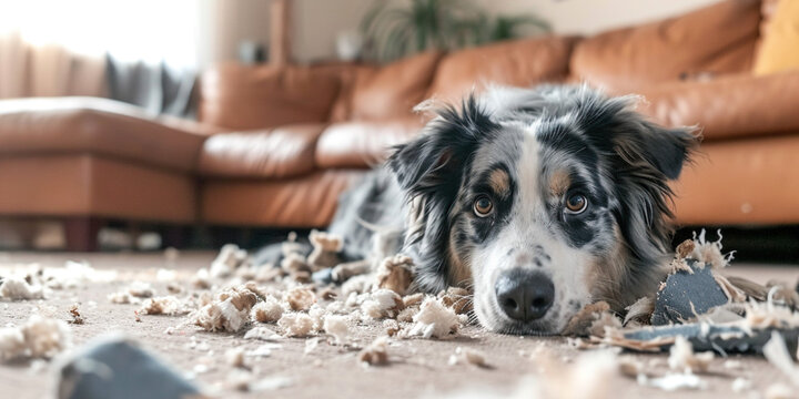 Dog behavior training concept. Naughty dog looking into camera innocently lying on floor made a mess being with owners at home alone in the living room