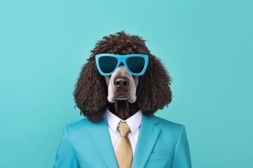animal pet dog concept Anthromophic friendly Portuguese water dog  dog wearing suite formal business suit pretending to work in coporate workplace studio shot on plain color wall - obrazy, fototapety, plakaty