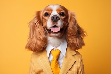 animal pet dog concept Anthromophic friendly Cavalier King Charles Spaniel career office manager boss dog wearing suite formal business suit pretending to work in coporate workplace studio shot on pla - obrazy, fototapety, plakaty