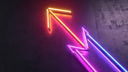 Neon arrows in pink and yellow colors on a concrete wall, creating a glowing effect in a dimly lit environment.