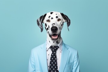 animal pet dog concept Anthromophic friendly Dalmatian boss dog wearing suite formal business suit pretending to work in coporate workplace studio shot on plain color wall - obrazy, fototapety, plakaty