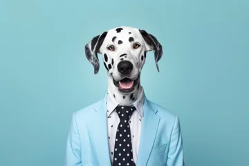 Foto op Aluminium animal pet dog concept Anthromophic friendly Dalmatian boss dog wearing suite formal business suit pretending to work in coporate workplace studio shot on plain color wall © VERTEX SPACE