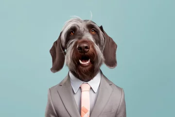 Foto op Aluminium animal pet dog concept Anthromophic friendly German wirehaired pointer dog wearing suite formal business suit pretending to work in coporate workplace studio shot on plain color wall © VERTEX SPACE