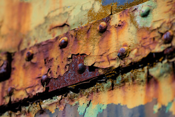 Peeled off paint on rusty surface of a ruined train. Vintage screws and metal fixing with weathered...