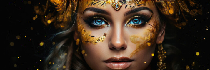 blond woman in gold glittering dress on golden glitter background. girl with blond lush hair. banner