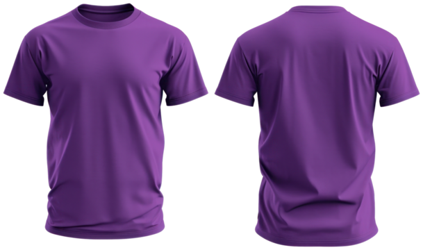 Purple T-shirt template with nothing neat, mockup for design and print. T-shirtT-shirt front and back view illustration PNG element cut out transparent isolated on white background ,PNG file.