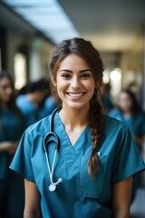 Obraz premium Confident female doctor or nurse in scrubs smiling at the camera