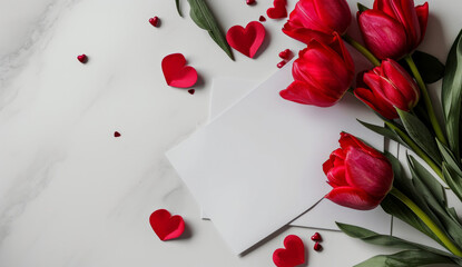 Red tulips with a blank greetings card mock-up with space for text, heart petals on white concrete background. Valentine's day, Mother's and Women's day celebration or minimalistic wedding invitation.