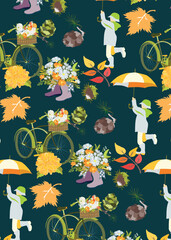Seamless pattern with bicycle with flowers and leaves on the teal background