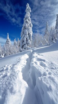 snow covered path middle snowy field dynamic perspective angle deep forest peak news leading sky frozen small steps down pictured shoulders frostbite warm bright white light