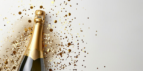 Fototapeta premium Gold bottle with party shiny glitter streamers on white background. Horizontal banner for celebrations and invitation cards. Empty space place for text, copy paste