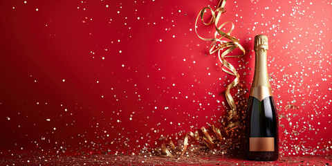 Fototapeta premium Horizontal banner for celebrations and invitation cards. Gold bottle with party shiny glitter streamers on red background. Empty space place for text, copy paste