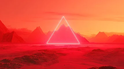 Rolgordijnen The image depicts a vibrant neon triangle illuminating a landscape that resembles the surface of Mars with its reddish hue and mountainous background. © Oleksii