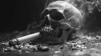 Glowing Cigarette And A Skull. A Grim Reminder for World No Tobacco Day and Prevention of Tobacco-Related Diseases - obrazy, fototapety, plakaty