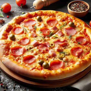 This image shows a delicious pizza with ham, olives, and tomatoes on a wooden table, sprinkled with pepper.