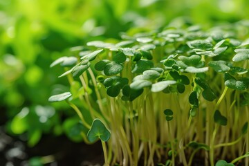 Fototapeta na wymiar Microgreens sprouts - healthy and fresh. Concept of home gardening and growing greenery indoors