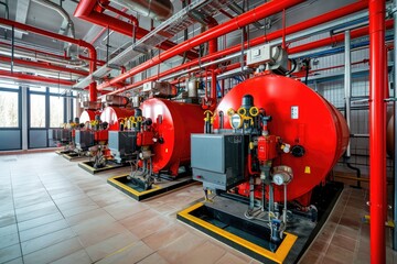 Modern red boiler room with gas boilers, industrial heating. - obrazy, fototapety, plakaty