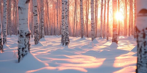 Winter sunset in the birch forest. Sunshine between white birch trunks in frosty weather