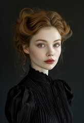 Muted colored portrait of a woman in a black pleated blouse and hair updo with pearls