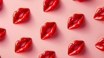Seamless pattern with red lips on pink background. Top view.