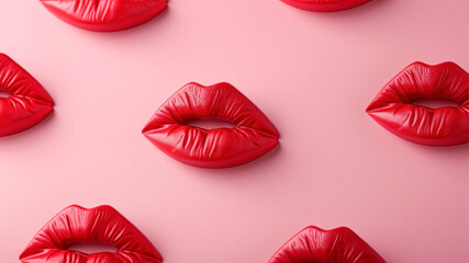Beautiful red lips on pink background, top view. Space for text