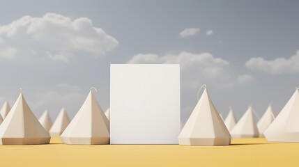 A blank white billboard surrounded by white tents.
