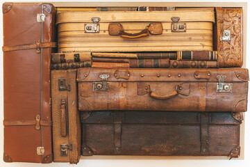 Old suitcases background. Vintage classic retro leather suitcases and travel bags. Retro style,...