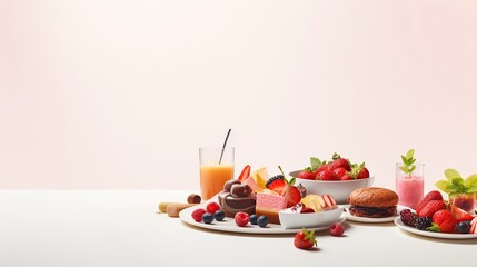 Dessert, mix-fruits and orange juice on white background. 