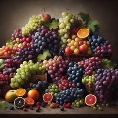 This is a still life of various fresh fruits, including grapes, apples and citrus fruits, against a dark background. Fruits are arranged aesthetically.