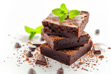 Fototapeta na wymiar Chocolate brownies with mint and chocolate chips on a white background
