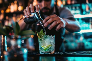 Barman making cocktail at bar counter. Barman preparing cocktail. AI generated - Powered by Adobe