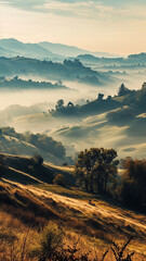 A panoramic view of rolling hills blanketed in a thick morning mist