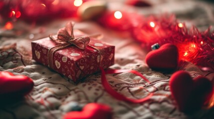 Gift box and red hearts on the background of Christmas garland. AI generated