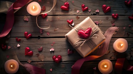 Valentine's day background with gift box, candles and hearts. AI generated