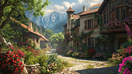 A picturesque village nestled in a valley of flowers, with quaint cottages and cobblestone streets