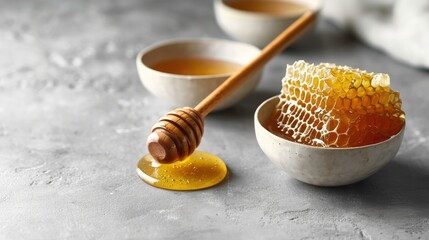 minimalist setting with a bowl of honey, a honey comb and a wooden dipper on a gray background - obrazy, fototapety, plakaty