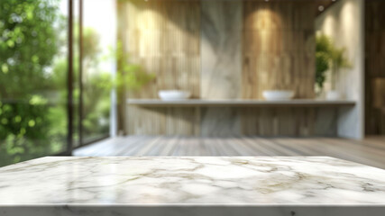 Empty white marble table in front of blurred wooden kitchen interior background. For product display