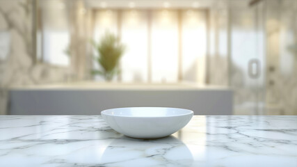 Naklejka na ściany i meble White bowl on white marble table in front of blurred living room background