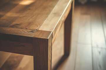 close-up view of a beautifully crafted wooden table, showcasing the rich textures and warm tones of the wood grain - obrazy, fototapety, plakaty