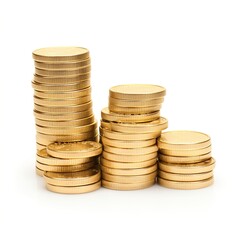 Stacks of gold coins of different heights on a white background - obrazy, fototapety, plakaty
