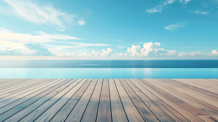 Wooden deck on the beach with blue sky and sea background. - obrazy, fototapety, plakaty