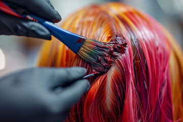 Artistry in Hair Coloring: Vibrant Red Dye on Strands of Golden Hair - obrazy, fototapety, plakaty