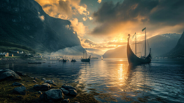 A powerful depiction of a Viking raid with longships approaching a coastal village at dawn.