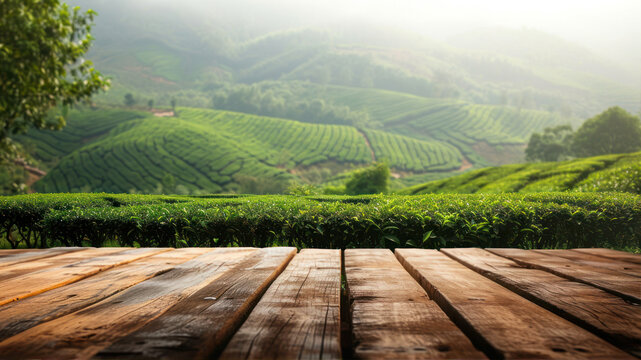 Wooden table top on green tea plantation with morning light, natural background