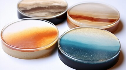 a sand and resin coasters set, featuring clear resin encasing layers of colored sand, creating a mesmerizing and artistic addition to home decor.