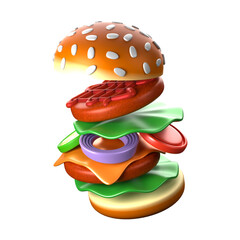 Pork burger 3D rendering . Pork burger in pieces.