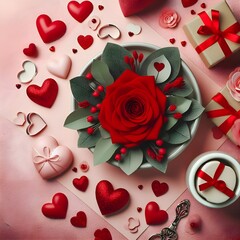 roses and hearts. happy valentines day. happy valentines day background mockup with decorative red love hearts.