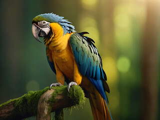 Obraz premium A beautiful macaw perching couple on top mossy stick over far blur green background in shaded sun lighting, amazing nature